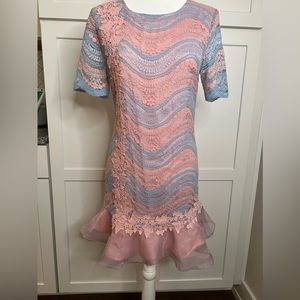 Metisu Baby Blue and Pink Mini Dress Half Sleeve Women's Size S